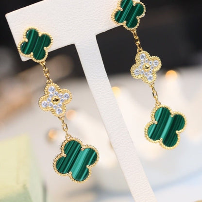 [Marins]CLOVER EARRINGS GOLD MALACHITE DIAMOND 3 MOTIF