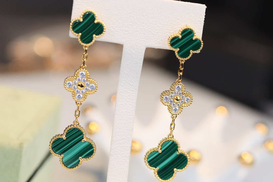 [Marins]CLOVER EARRINGS GOLD MALACHITE DIAMOND 3 MOTIF