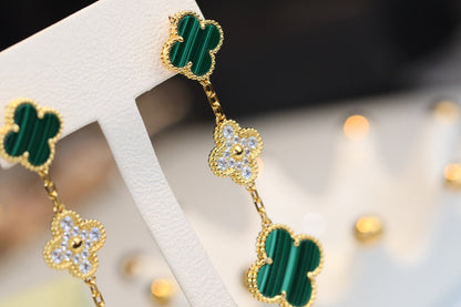 [Marins]CLOVER EARRINGS GOLD MALACHITE DIAMOND 3 MOTIF