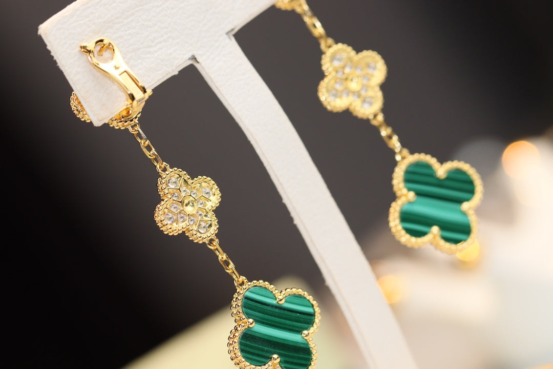 [Marins]CLOVER EARRINGS GOLD MALACHITE DIAMOND 3 MOTIF