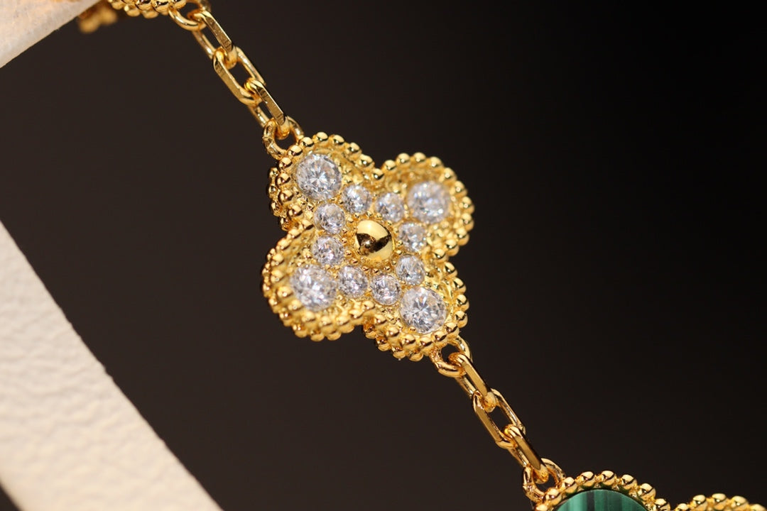 [Marins]CLOVER EARRINGS GOLD MALACHITE DIAMOND 3 MOTIF