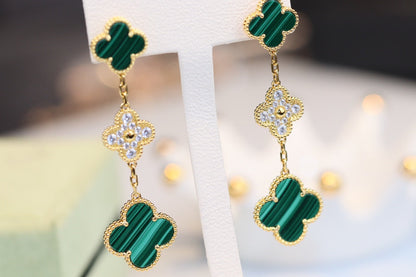 [Marins]CLOVER EARRINGS GOLD MALACHITE DIAMOND 3 MOTIF