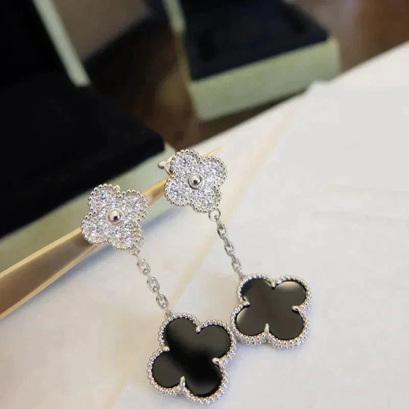 [Marins]CLOVER 2 MOTIFS  DIAMOND ONYX EARRINGS SILVER