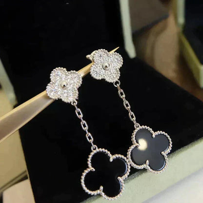 [Marins]CLOVER 2 MOTIFS  DIAMOND ONYX EARRINGS SILVER