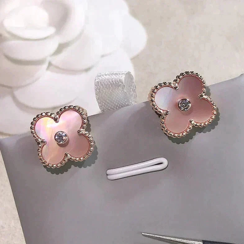 [Marins]CLOVER MEDIUM 1 MOTIFS  PINK MOP DIAMOND EARRINGS