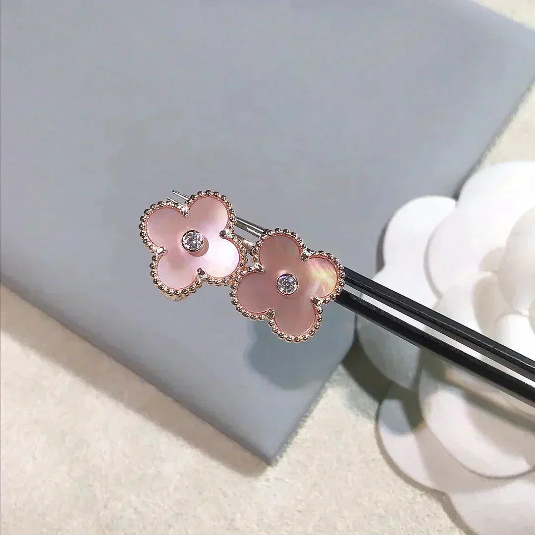 [Marins]CLOVER MEDIUM 1 MOTIFS  PINK MOP DIAMOND EARRINGS