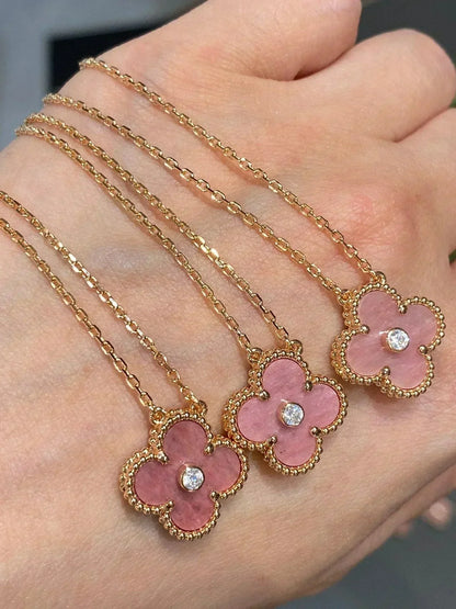 [Marin-Jewelry]CLOVER 15MM DIAMOND RHODONITE NECKLACE