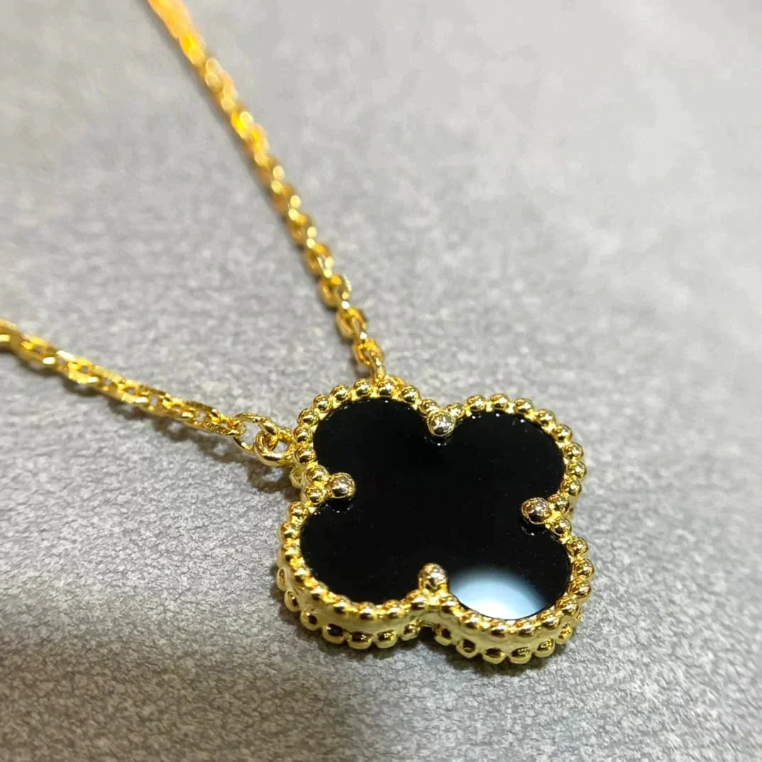 [Marins]CLOVER 15MM BLACK ONYX SINGLE FLOWER NECKLACE