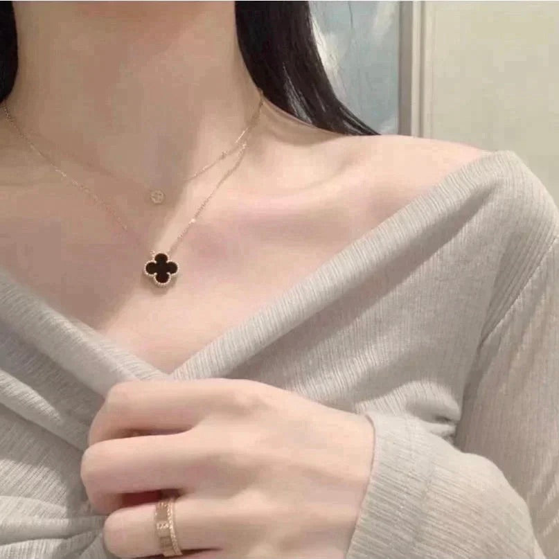 [Marins]CLOVER 15MM BLACK ONYX SINGLE FLOWER NECKLACE