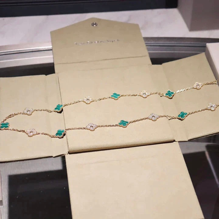 [Marins]CLOVER 20 MOTIFS MALACHITE DIAMOND NECKLACE