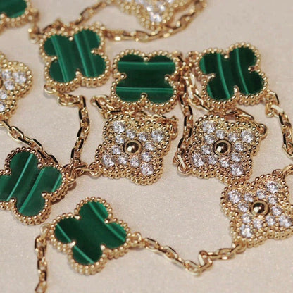 [Marins]CLOVER 20 MOTIFS MALACHITE DIAMOND NECKLACE