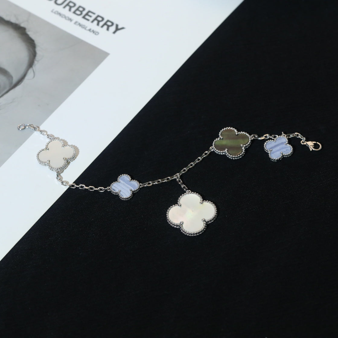 [Marins]CLOVER BRACELET 5 MOTIFS MOP CHALCEDONY SILVER