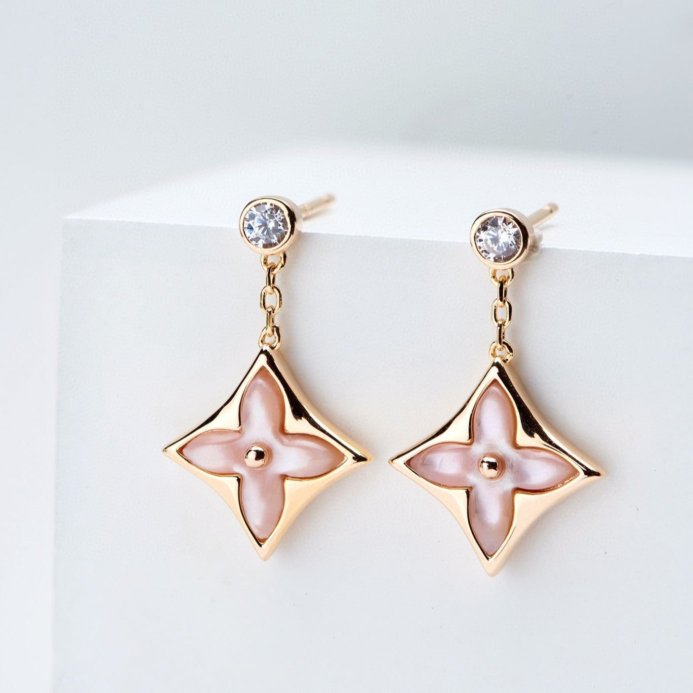 [Marins]DOUBLE STAR PINK GOLD MOP DROP EARRINGS