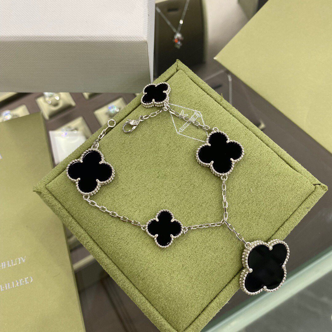 [Marins]CLOVER 5 MOTIFS SIVLER ONYX BRACELET