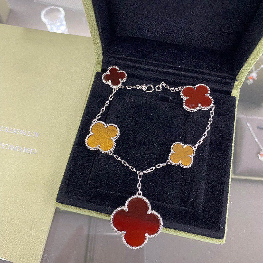 [Marins]CLOVER 5 MOTIFS SIVLER CARNELIAN TIGER EYE BRACELET