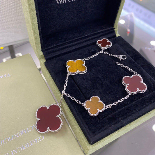 [マリンズ]クローバー 5モチーフ シルバー カーネリアン タイガーアイ ブレスレット