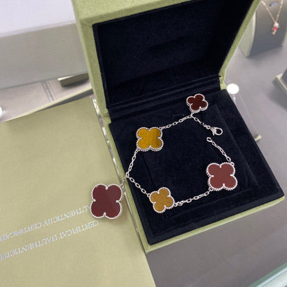 [Marins]CLOVER 5 MOTIFS SIVLER CARNELIAN TIGER EYE BRACELET
