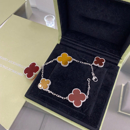 [Marins]CLOVER 5 MOTIFS SIVLER CARNELIAN TIGER EYE BRACELET