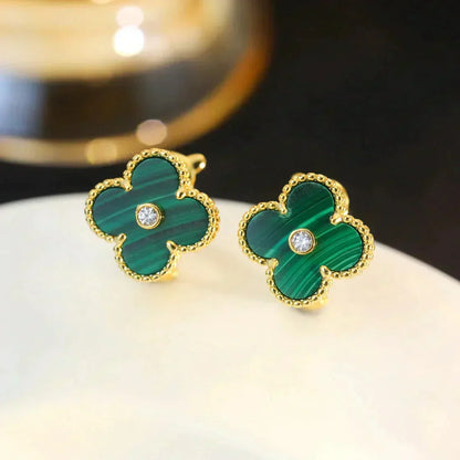 [Marins]CLOVER MEDIUM 1 MOTIFS MALACHITE DIAMOND EARRINGS