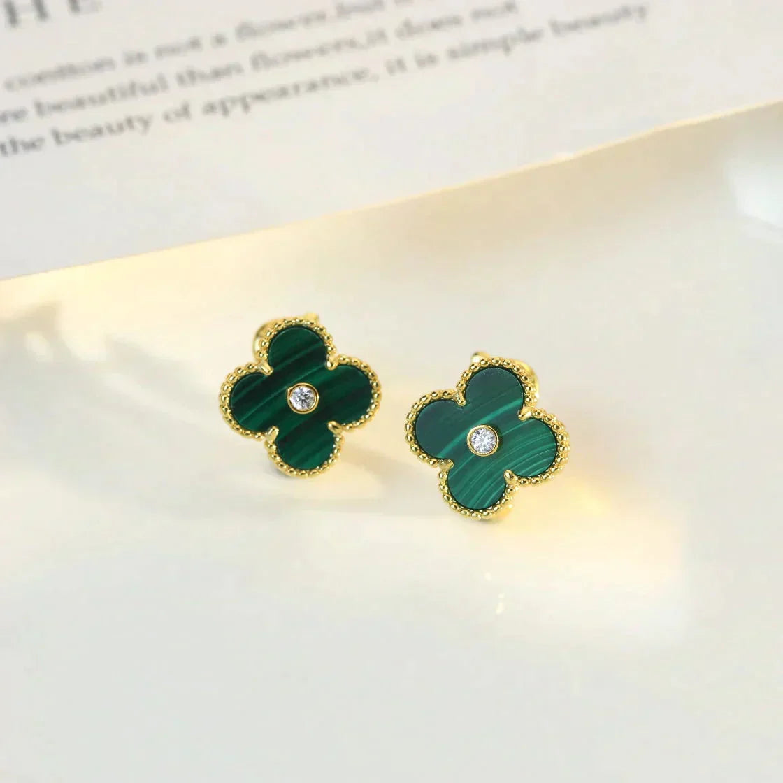 [Marins]CLOVER MEDIUM 1 MOTIFS MALACHITE DIAMOND EARRINGS