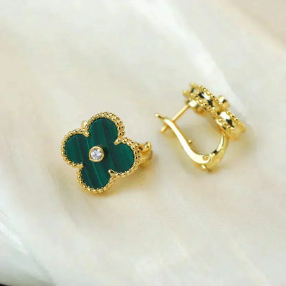 [Marins]CLOVER MEDIUM 1 MOTIFS MALACHITE DIAMOND EARRINGS