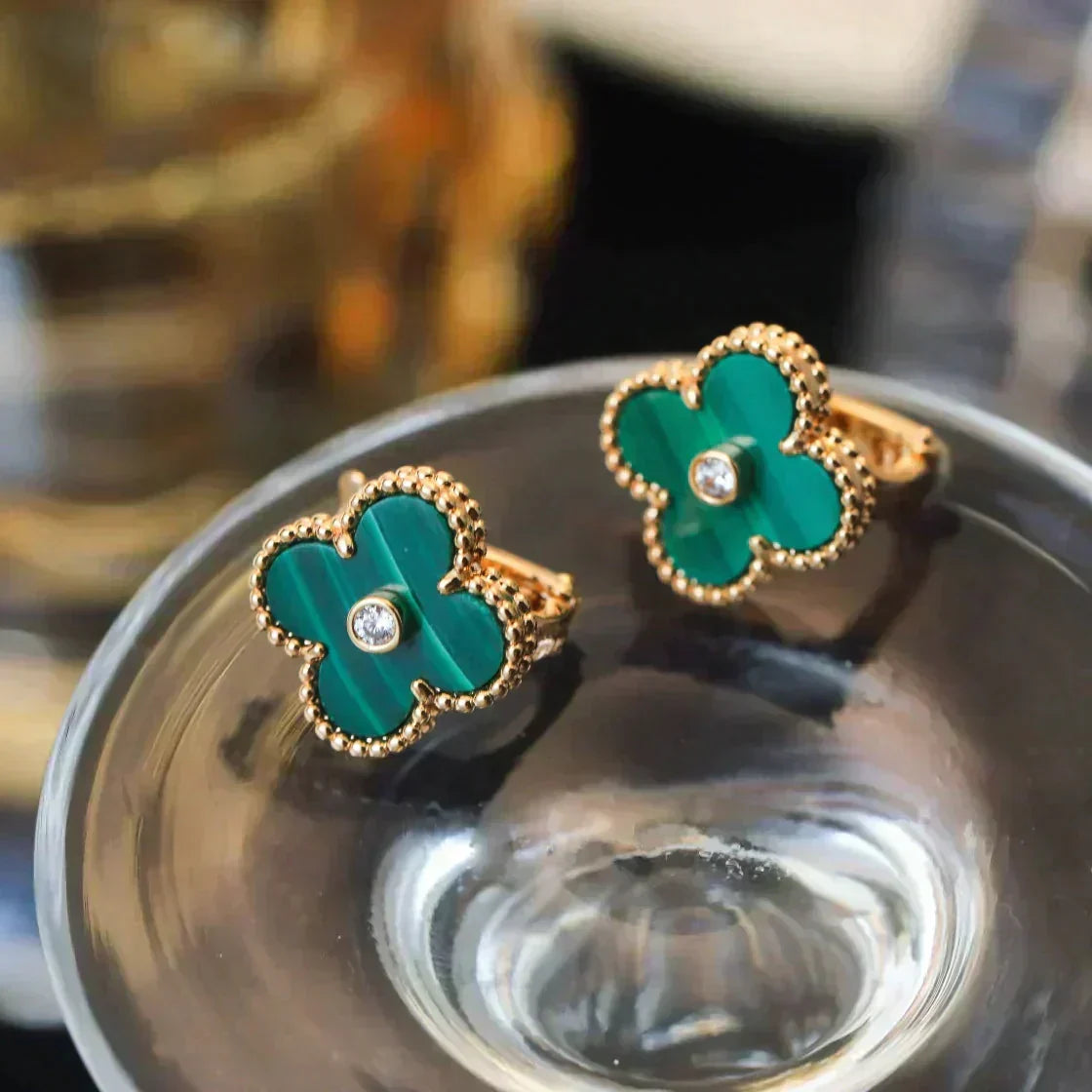 [Marins]CLOVER MEDIUM 1 MOTIFS MALACHITE DIAMOND EARRINGS