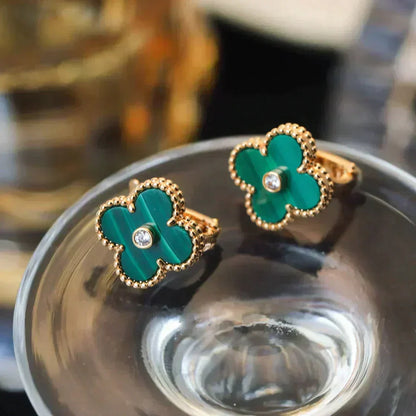 [Marins]CLOVER MEDIUM 1 MOTIFS MALACHITE DIAMOND EARRINGS