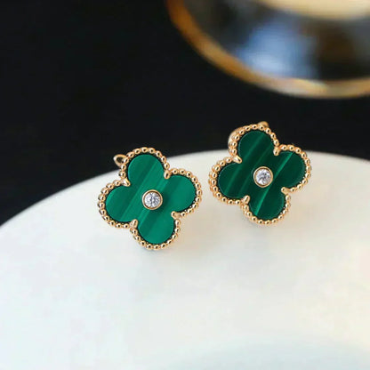 [Marins]CLOVER MEDIUM 1 MOTIFS MALACHITE DIAMOND EARRINGS