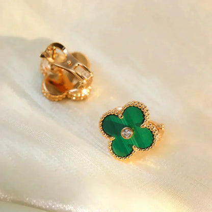 [Marins]CLOVER MEDIUM 1 MOTIFS MALACHITE DIAMOND EARRINGS