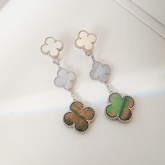 [Marins]CLOVER 3 MOTIFS CHALCEDONY DARK MOP SILVER EARRINGS