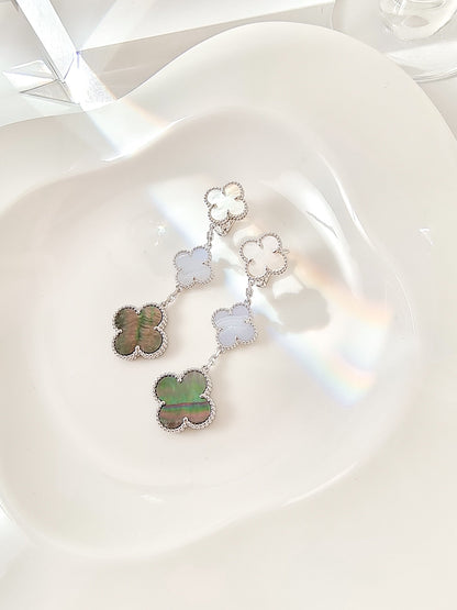[Marins]CLOVER 3 MOTIFS CHALCEDONY DARK MOP SILVER EARRINGS