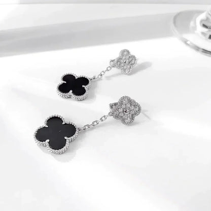 [Marins]CLOVER 2 MOTIFS  DIAMOND ONYX EARRINGS SILVER