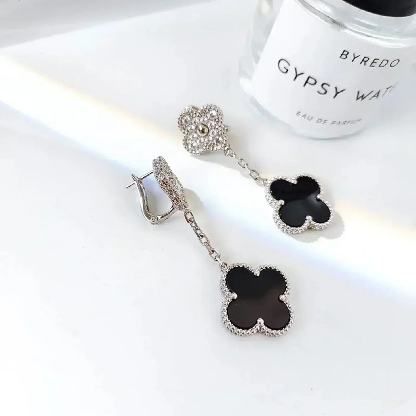 [Marins]CLOVER 2 MOTIFS  DIAMOND ONYX EARRINGS SILVER