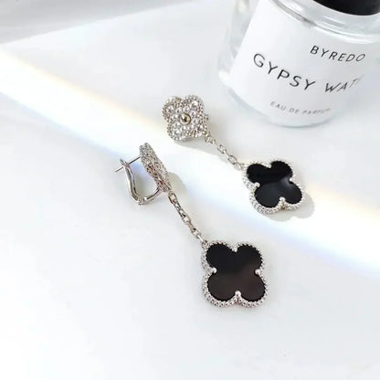 [Marins]CLOVER 2 MOTIFS  DIAMOND ONYX EARRINGS SILVER