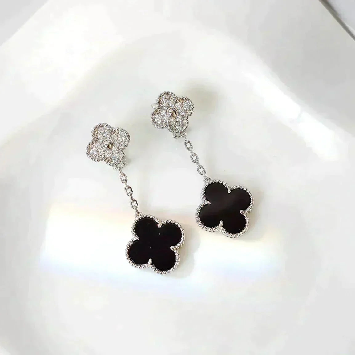 [Marins]CLOVER 2 MOTIFS  DIAMOND ONYX EARRINGS SILVER