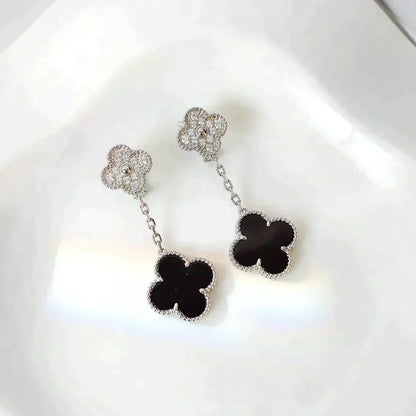 [Marins]CLOVER 2 MOTIFS  DIAMOND ONYX EARRINGS SILVER