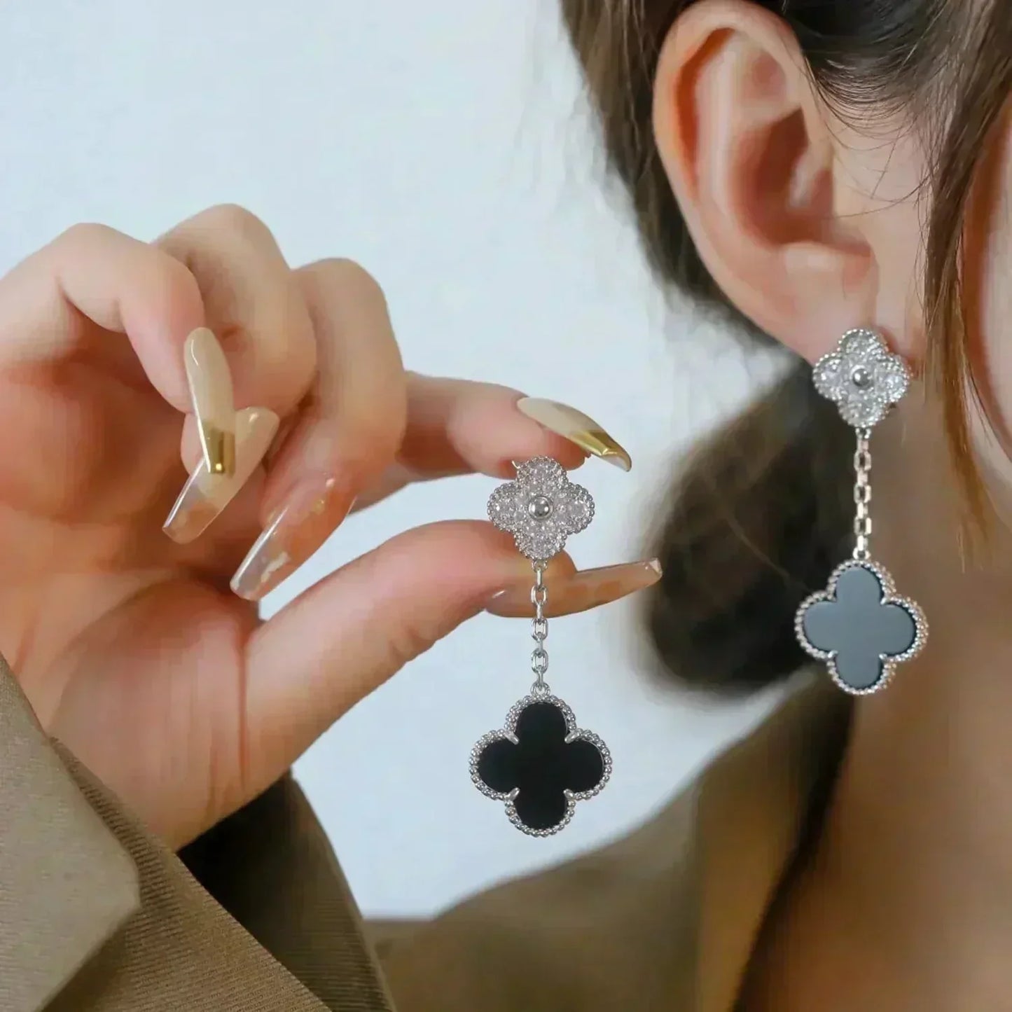 [Marins]CLOVER 2 MOTIFS  DIAMOND ONYX EARRINGS SILVER