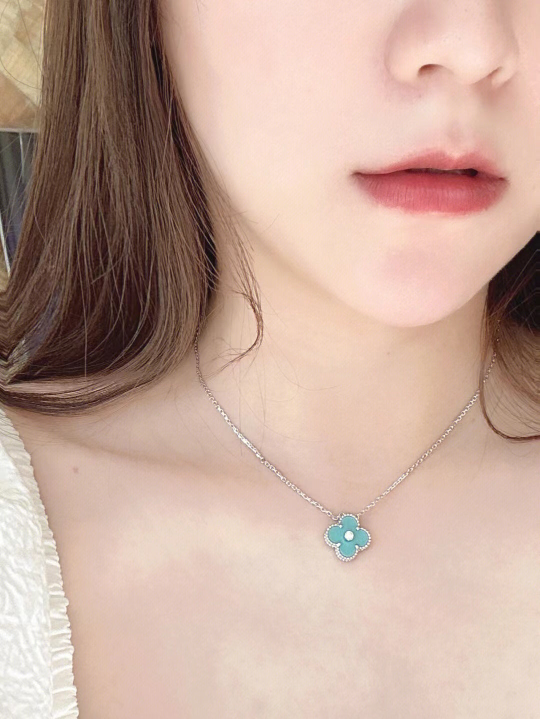 [Marins]CLOVER 1 DIAMOND LIGHT BLUE SILVER NECKLACE