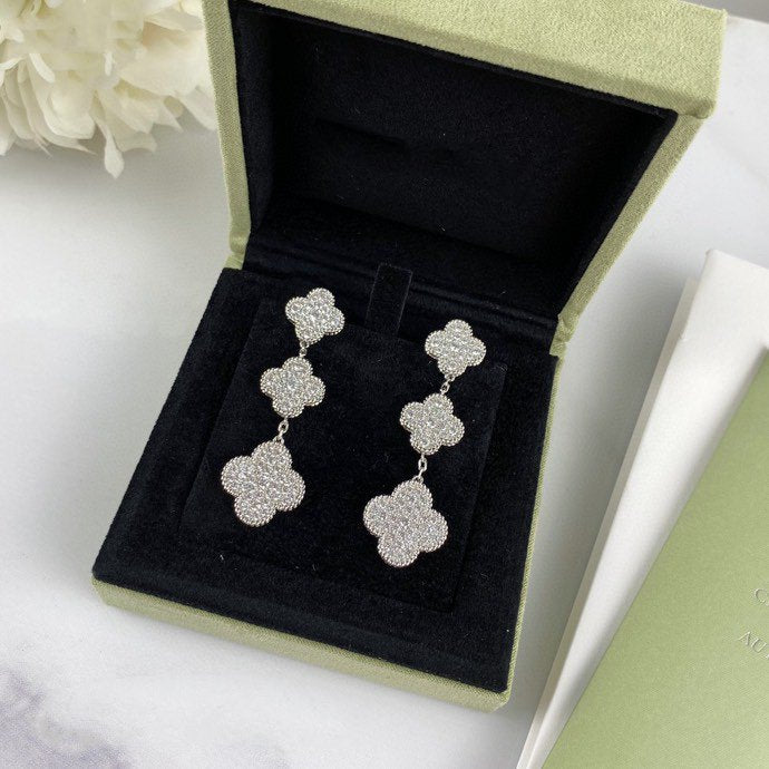 [Marins]CLOVER 3 MOTIF DIAMOND SILVER DROP EARRINGS