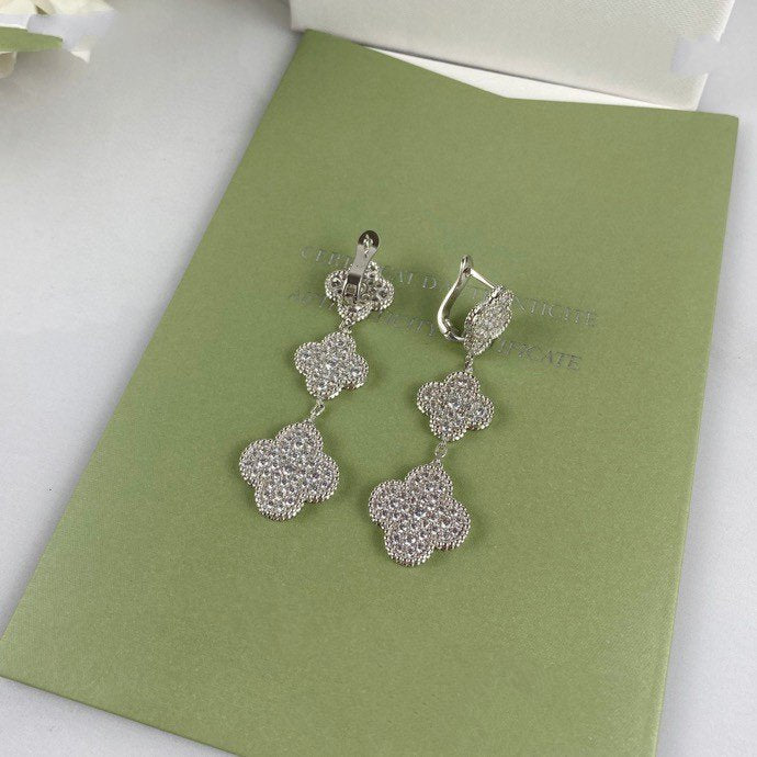 [Marins]CLOVER 3 MOTIF DIAMOND SILVER DROP EARRINGS