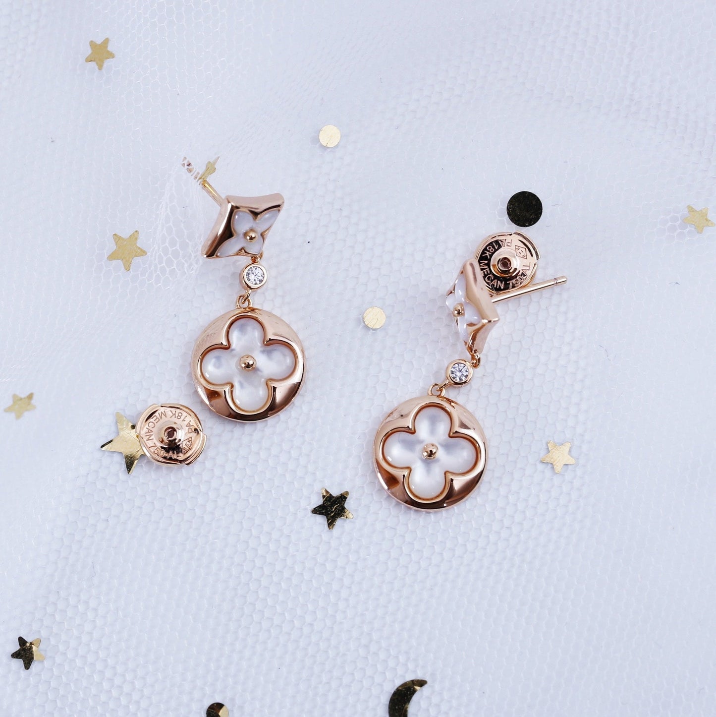 [Marins]STAR AND SUN PINK GOLD MOP DROP EARRINGS