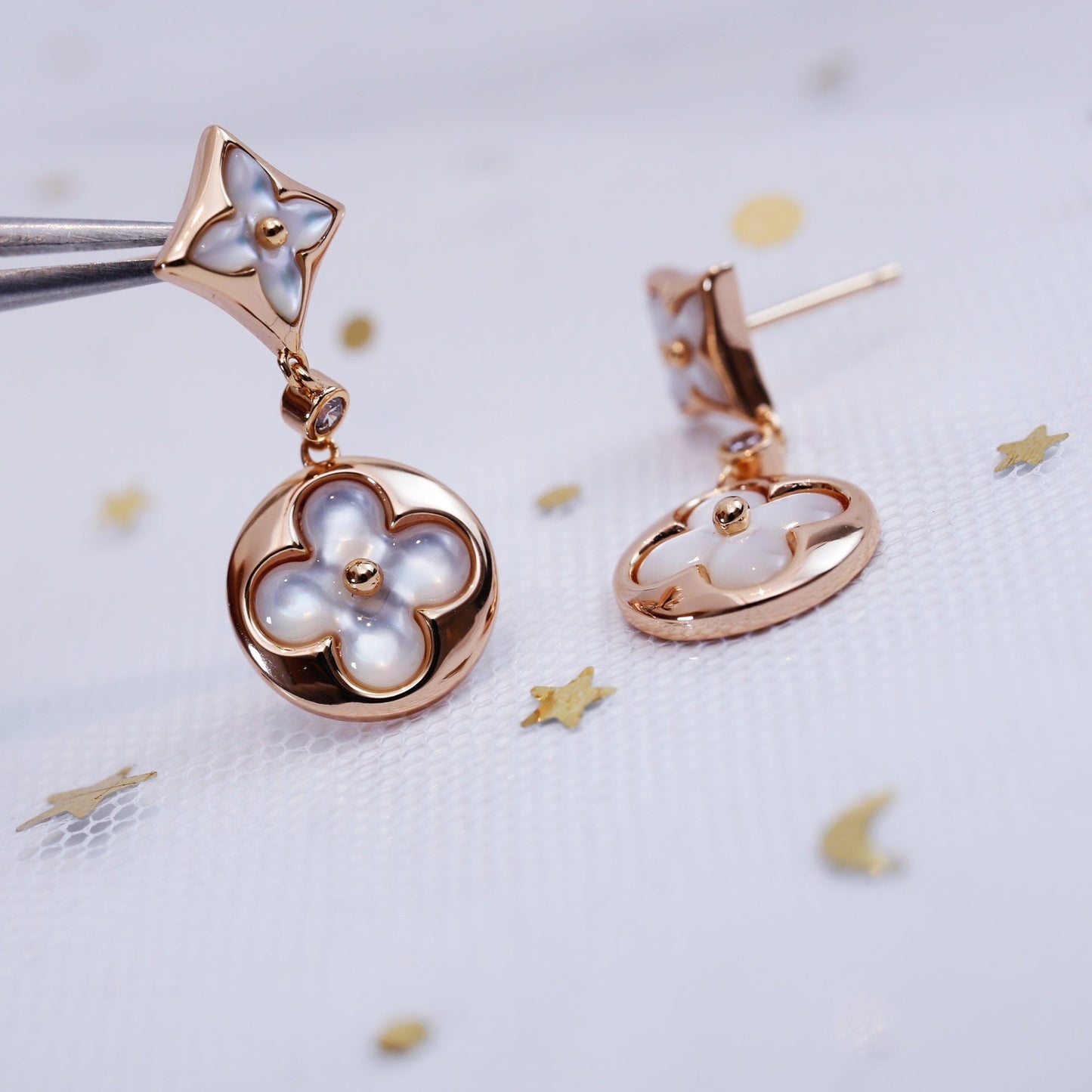 [Marins]STAR AND SUN PINK GOLD MOP DROP EARRINGS