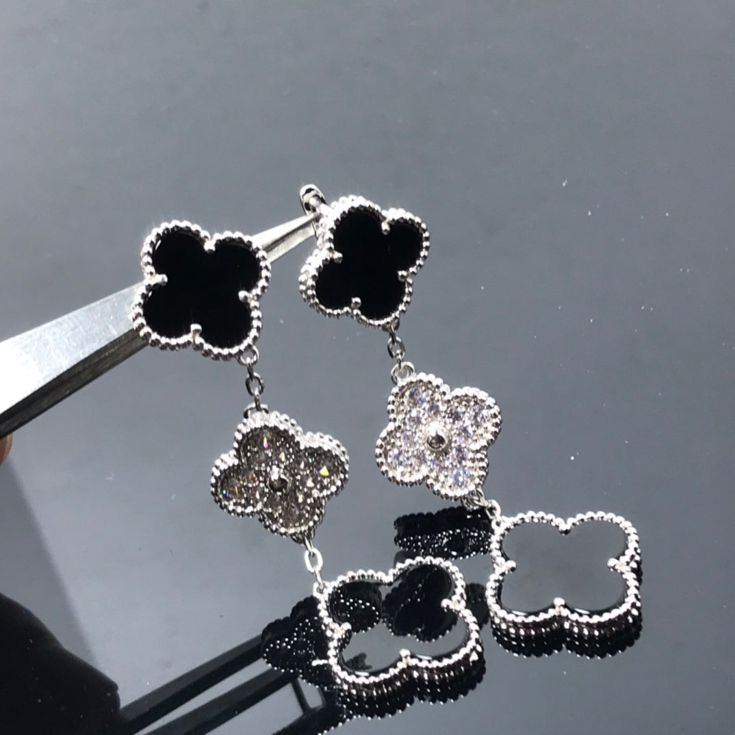[Marins]CLOVER 3 MOTIF DIAMOND ONYX SILVER EARRINGS