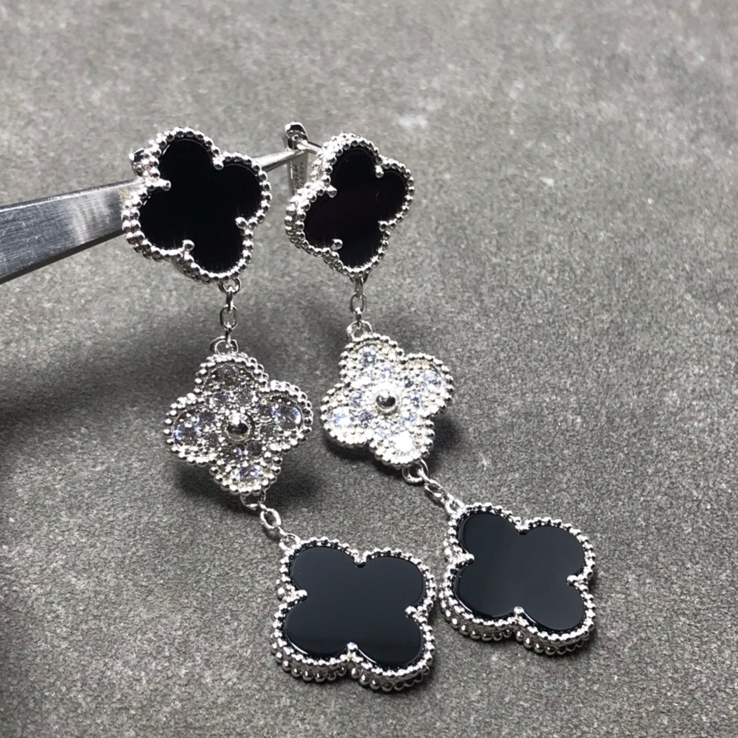 [Marins]CLOVER 3 MOTIF DIAMOND ONYX SILVER EARRINGS