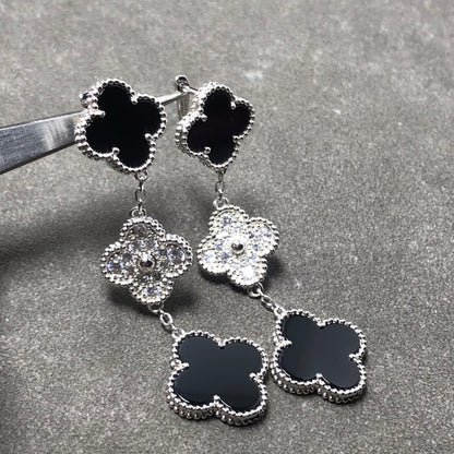 [Marins]CLOVER 3 MOTIF DIAMOND ONYX SILVER EARRINGS