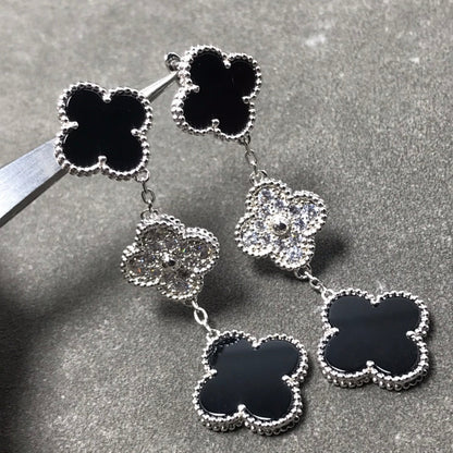[Marins]CLOVER 3 MOTIF DIAMOND ONYX SILVER EARRINGS