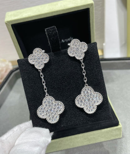[Marins]CLOVER 2 MOTIFS DIAMOND PAVED SILVER EARRINGS