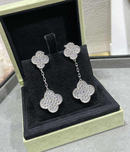 [Marins]CLOVER 2 MOTIFS DIAMOND PAVED SILVER EARRINGS