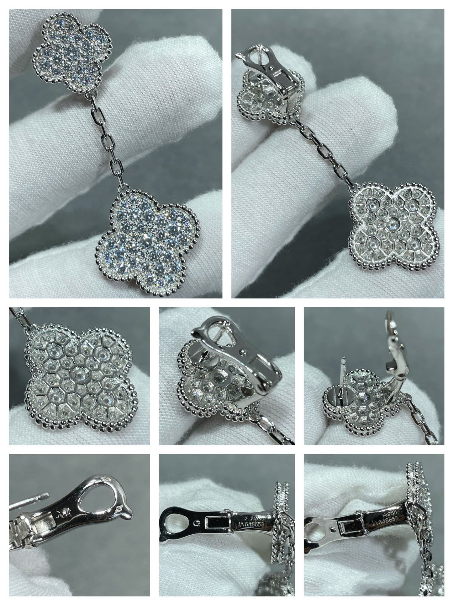 [Marins]CLOVER 2 MOTIFS DIAMOND PAVED SILVER EARRINGS