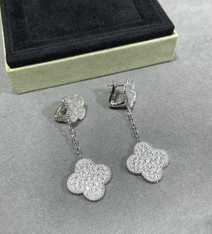 [Marins]CLOVER 2 MOTIFS DIAMOND PAVED SILVER EARRINGS